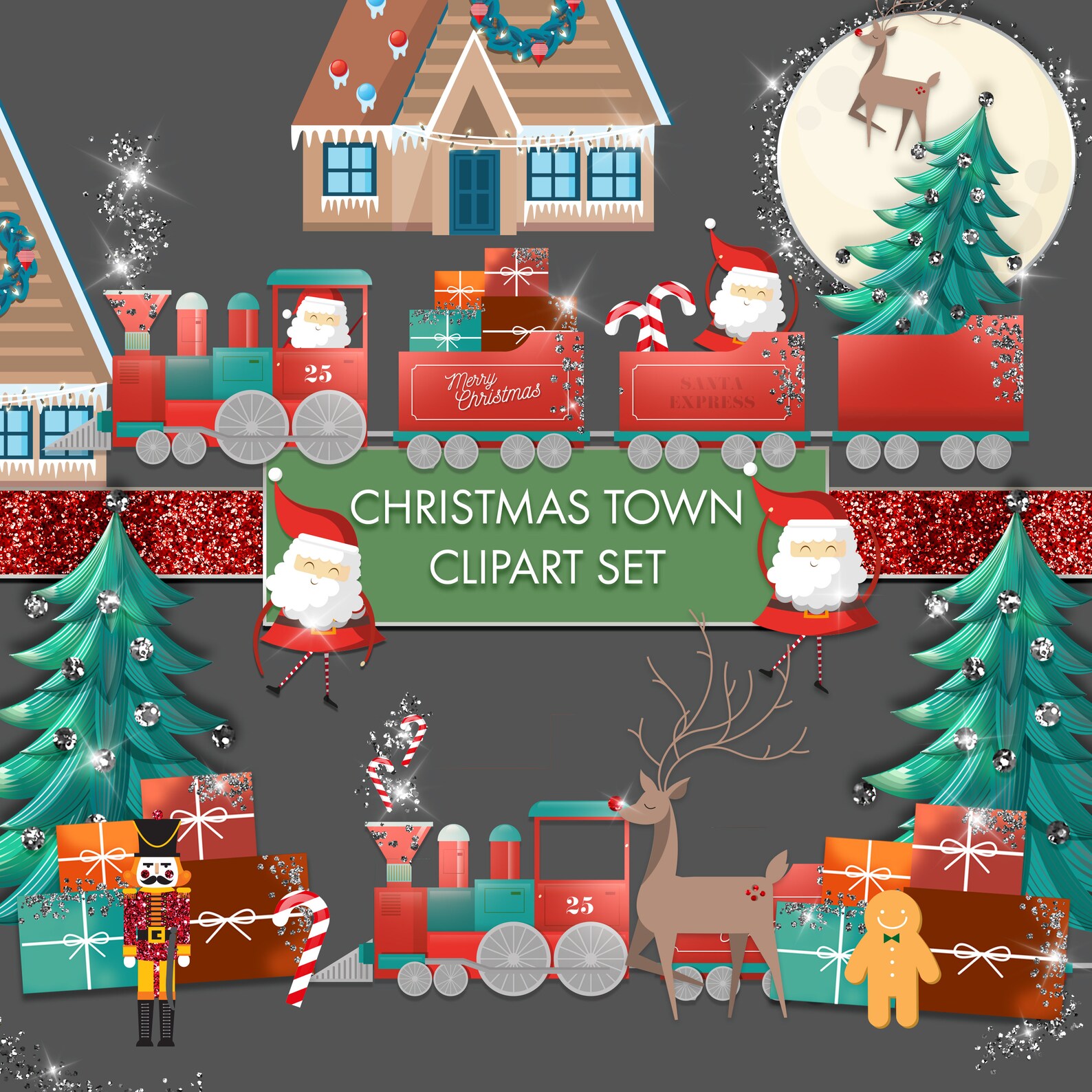 Christmas Town Clipart Set Santa Clipart Christmas Tree | Etsy