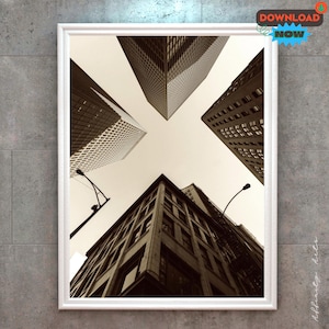 Urban Skyscraper Wall Art, Sepia Architectural Photography, Modern Cityscape Print image 1