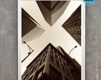 Impresión en perspectiva de rascacielos urbanos, arte mural de paisaje urbano moderno, fotografía arquitectónica sepia