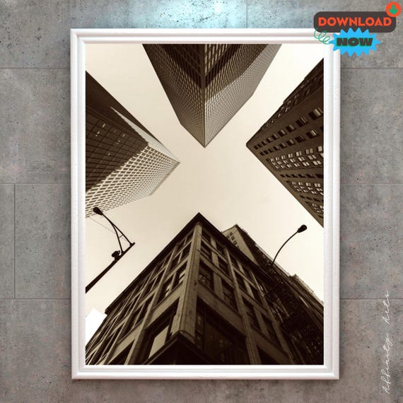 Urban Skyscraper Perspective Print, Modern Cityscape Wall Art, Sepia Architectural Photography