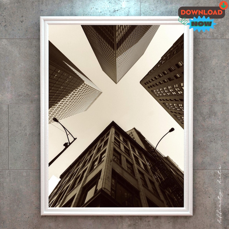 Urban Skyscraper Wall Art, Sepia Architectural Photography, Modern Cityscape Print image 1