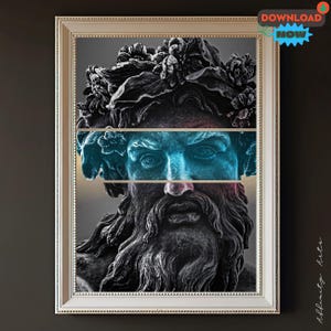 Surrealistyczny obraz starożytnego boga: Grecka statua z rozciętą twarzą (pobranie cyfrowe)