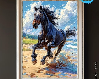 Art mural étalon noir, impression de plage de chevaux de course, décoration équine, téléchargement numérique