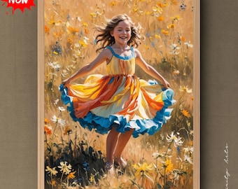 Lámina artística de un campo de flores silvestres: Pintura impresionista de una niña feliz (descarga digital)