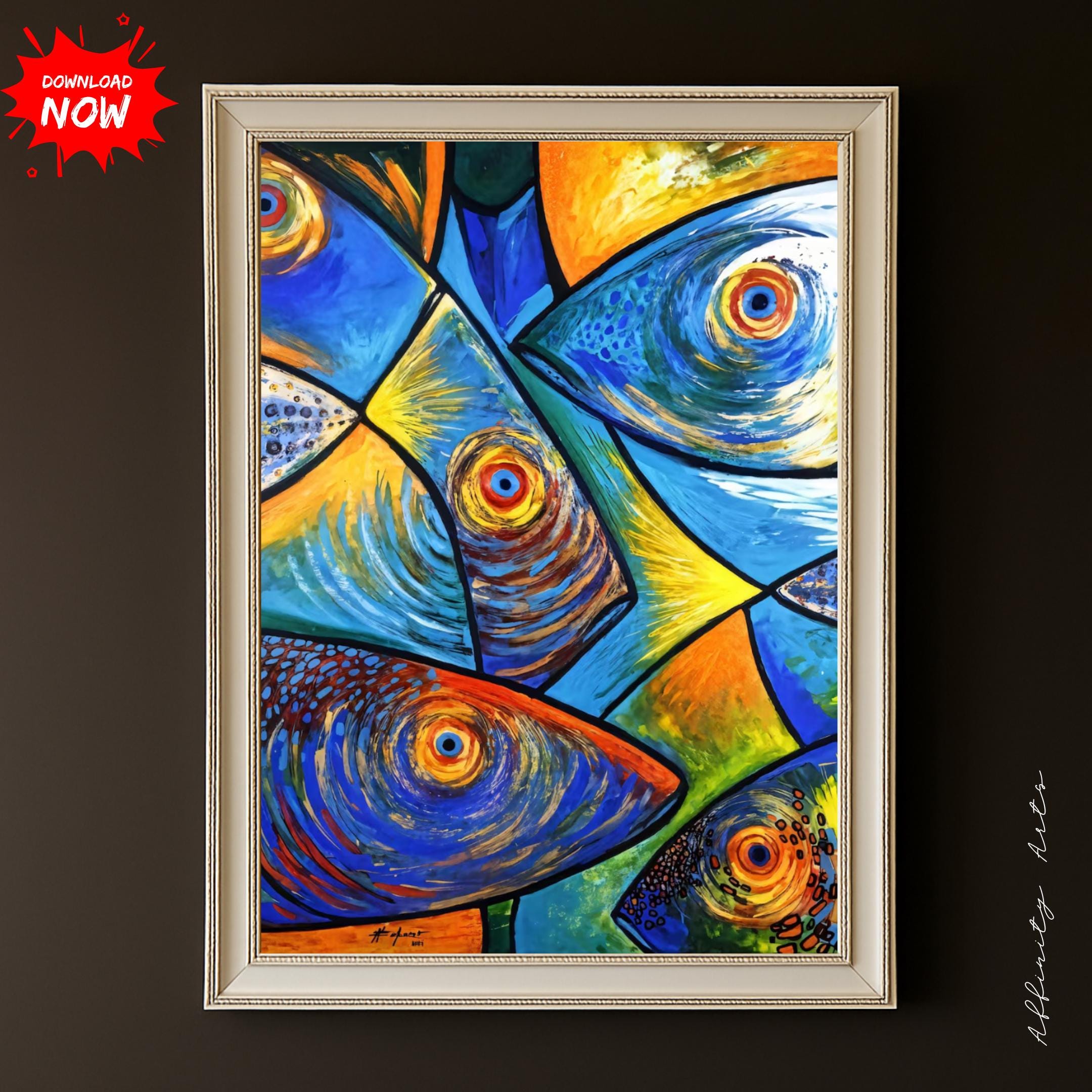 抽象的な魚の絵画：カラフルな航海の壁アート（デジタルダウンロード