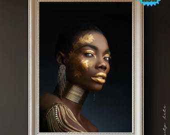 African Woman Wall Art, Gold Leaf Portrait Print, Afrocentric Decor