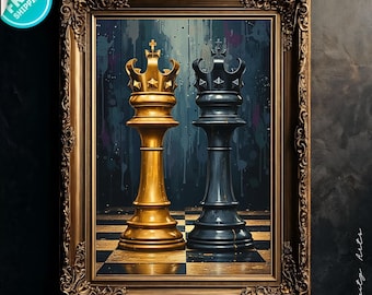 May include: A framed artwork featuring two chess kings, one gold and one black, on a checkered board. The gold king has a detailed crown, while the black king has a simpler design. The background is a dark, abstract painting.