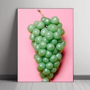 Vibrant Green Grapes on Pink Background - Modern Minimalist Art Print, Food Photography for Kitchen Wall Decor