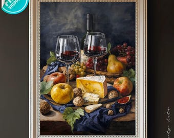 Bodegón de acuarela con vino y queso / Lámina decorativa para cocina y comedor / Descarga digital