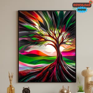 May include: Abstract art print of a tree with a vibrant color palette. The artwork features a tree with a brown trunk and branches, set against a backdrop of colorful hills and a bright sky. The image is framed in a black border.
