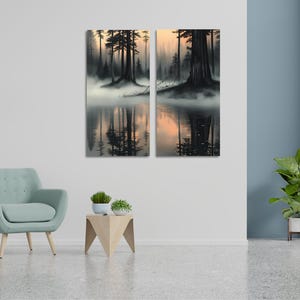 Misty Forest Lake Diptych Wall Art Print Canvas Set, Foggy Pine Tree ...
