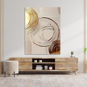 Modern Textured Circle Wall Art – Beige & Gold Abstract Canvas or Poster Print for Living Room Decor