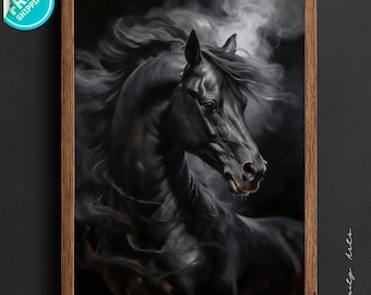 Black Stallion Dark Fantasy Art Print, Horse Portrait (Digital Download)