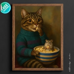 A whimsical painting of a wide‑eyed tabby cat in a teal and purple striped sweater holding a striped bowl of popcorn, sharing it with a small gray hamster sitting inside the bowl, both eating popcorn against a dark, softly lit background.