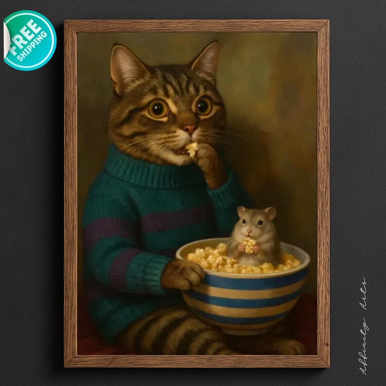 A whimsical painting of a wide‑eyed tabby cat in a teal and purple striped sweater holding a striped bowl of popcorn, sharing it with a small gray hamster sitting inside the bowl, both eating popcorn against a dark, softly lit background.