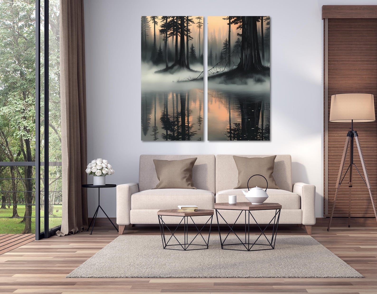 misty-forest-lake-diptych-wall-art-print-canvas-set-foggy-pine-tree