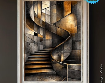 Gold and Black Geometric Wall Art, Abstract Staircase Print, Modern Luxury Decor