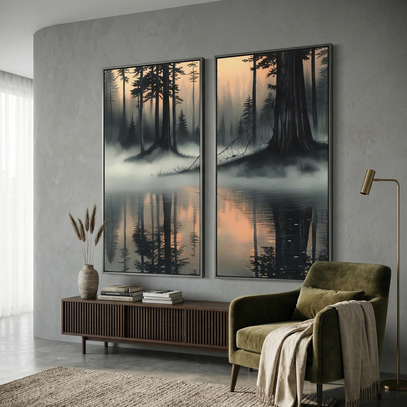 Misty Forest Lake Diptych Wall Art Print Canvas Set, Foggy Pine Tree ...