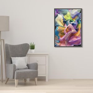 May include: Abstract painting with swirling colors of blue, yellow, pink, and purple. The colors are blended together to create a dynamic and energetic composition.