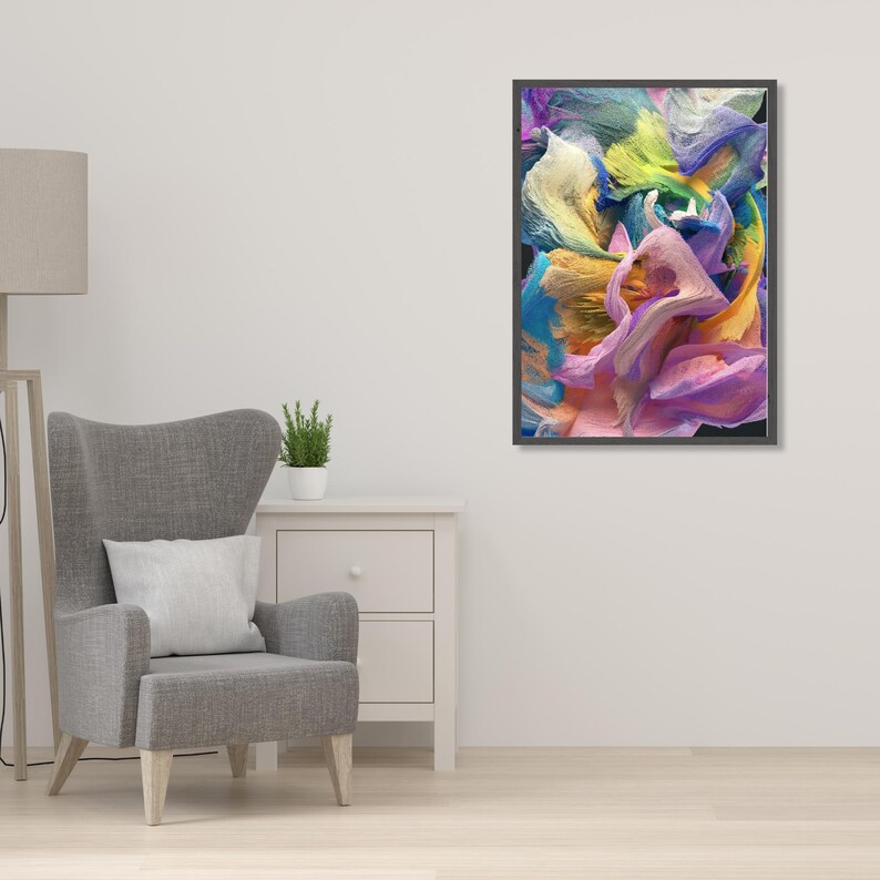 May include: Abstract painting with swirling colors of blue, yellow, pink, and purple. The colors are blended together to create a dynamic and energetic composition.