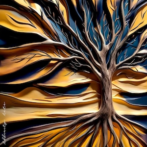 Tree of Life Canvas Art: Abstract Golden Leaves, Modern Nature Print