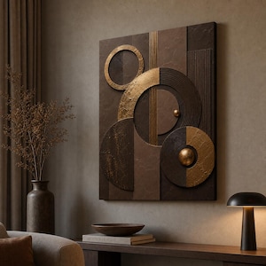 May include: A rectangular wall art piece featuring a textured composition of dark brown and metallic gold geometric shapes. The design includes layered circles, vertical lines, and spheres, creating a three-dimensional effect with varied surfaces.