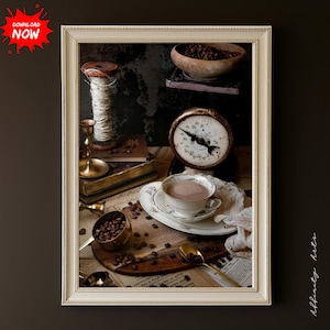 Vintage Kaffee Kunstdruck - Rustikales Küchen Dekor, Antike Kaffeebohnen und Tasse Poster Bild 1