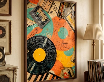 May include: A framed art print featuring a collage of vintage music elements. The artwork includes vinyl records, cassette tapes, and sheet music in a vibrant mix of colors like orange, teal, and yellow. The frame is a dark brown.