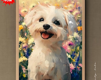 Pintura digital de un cachorro blanco, campo de flores de verano, decoración infantil (archivo PDF)