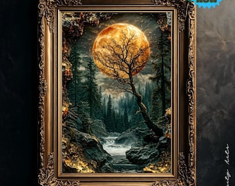 Arte mistica della foresta: Luna dorata, paesaggio surreale con alberi (download digitale)