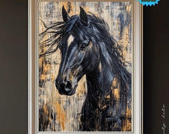 Black Horse Wall Art, Abstract Equine Painting Print, Equestrian Decor