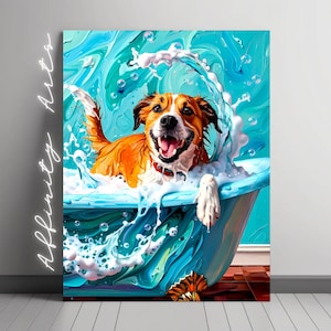 Happy Dog Bath Art Print: Playful Pet Bathroom Decor (Digital Download)