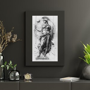 May include: Black and white drawing of a woman in a warrior pose, holding a spear and shield. The drawing is surrounded by geometric shapes and lines.