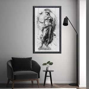 May include: A black and white drawing of a woman holding a spear and shield, framed in a black frame. The drawing is set against a background of geometric shapes.
