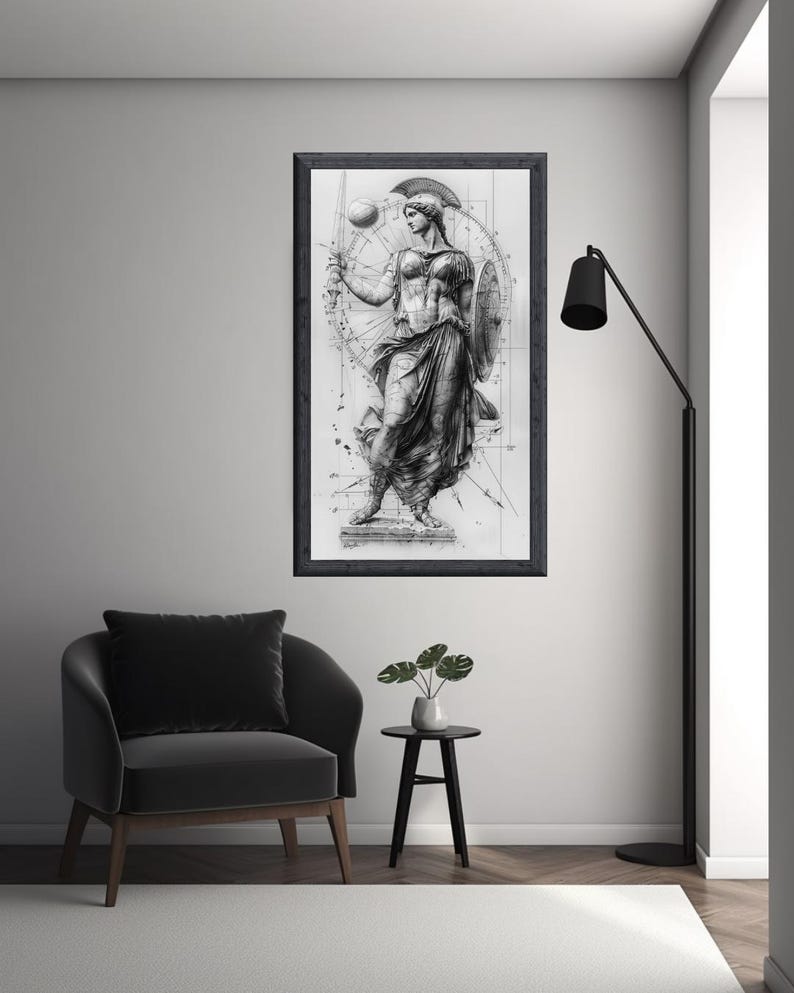 May include: A black and white drawing of a woman holding a spear and shield, framed in a black frame. The drawing is set against a background of geometric shapes.