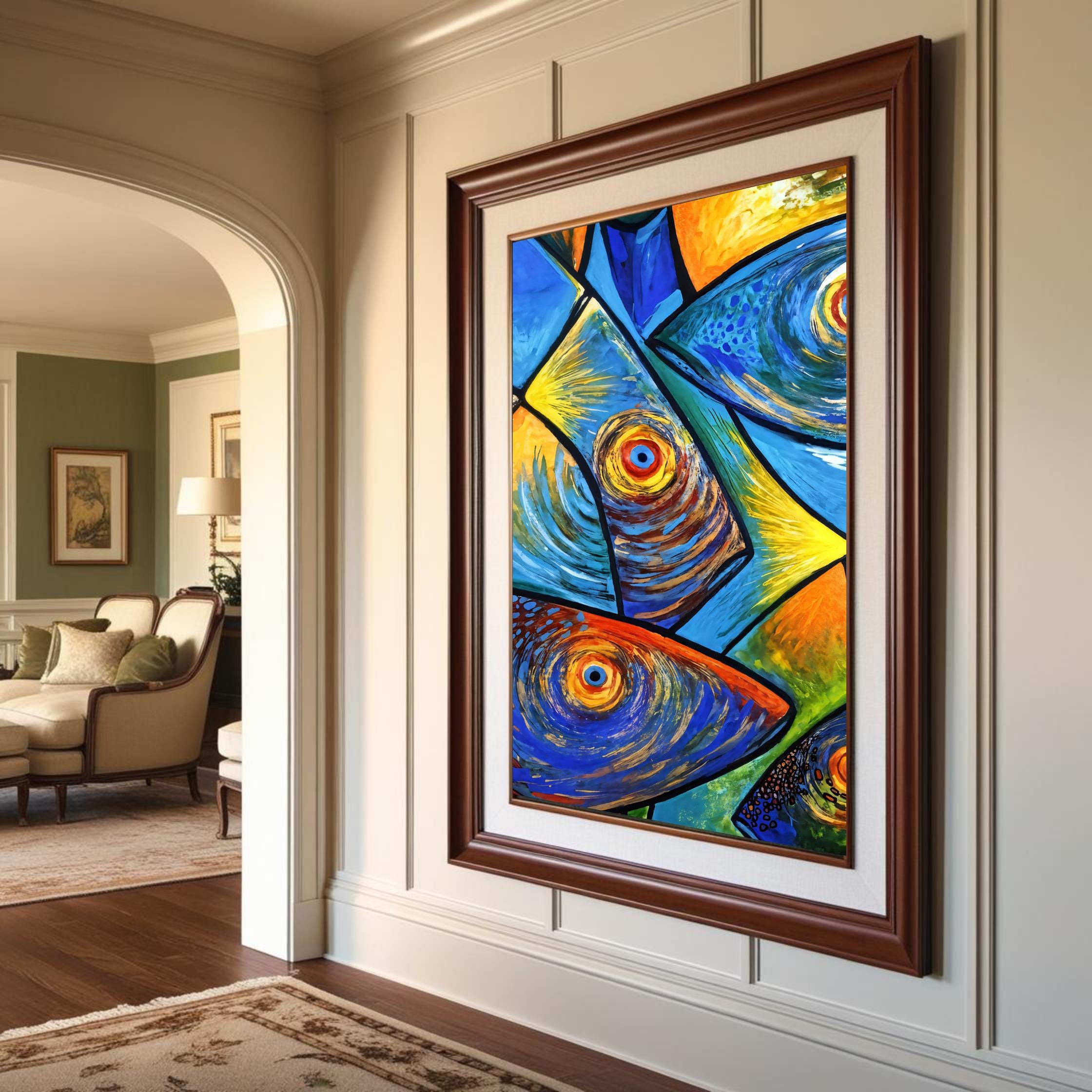 抽象的な魚の絵画：カラフルな航海の壁アート（デジタルダウンロード