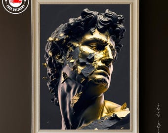 黄金のダビデ像のプリント：ひび割れたミケランジェロの胸像、黒と金