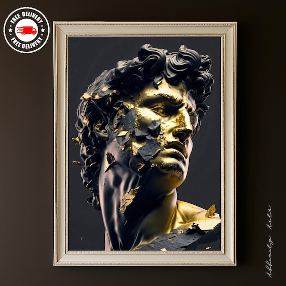 黄金のダビデ像のプリント：ひび割れたミケランジェロの胸像、黒と金