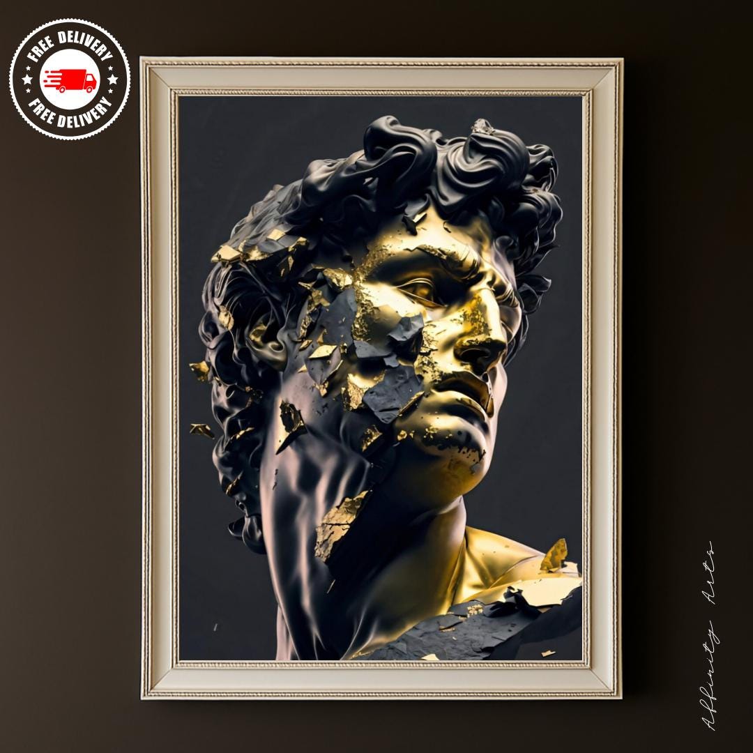 黄金のダビデ像のプリント：ひび割れたミケランジェロの胸像、黒と金