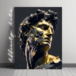 Golden David Statue – Cracked Michelangelo Bust, Digital Art Print, Black and Gold Wall Art, Abstract Sculpture, Digital Download