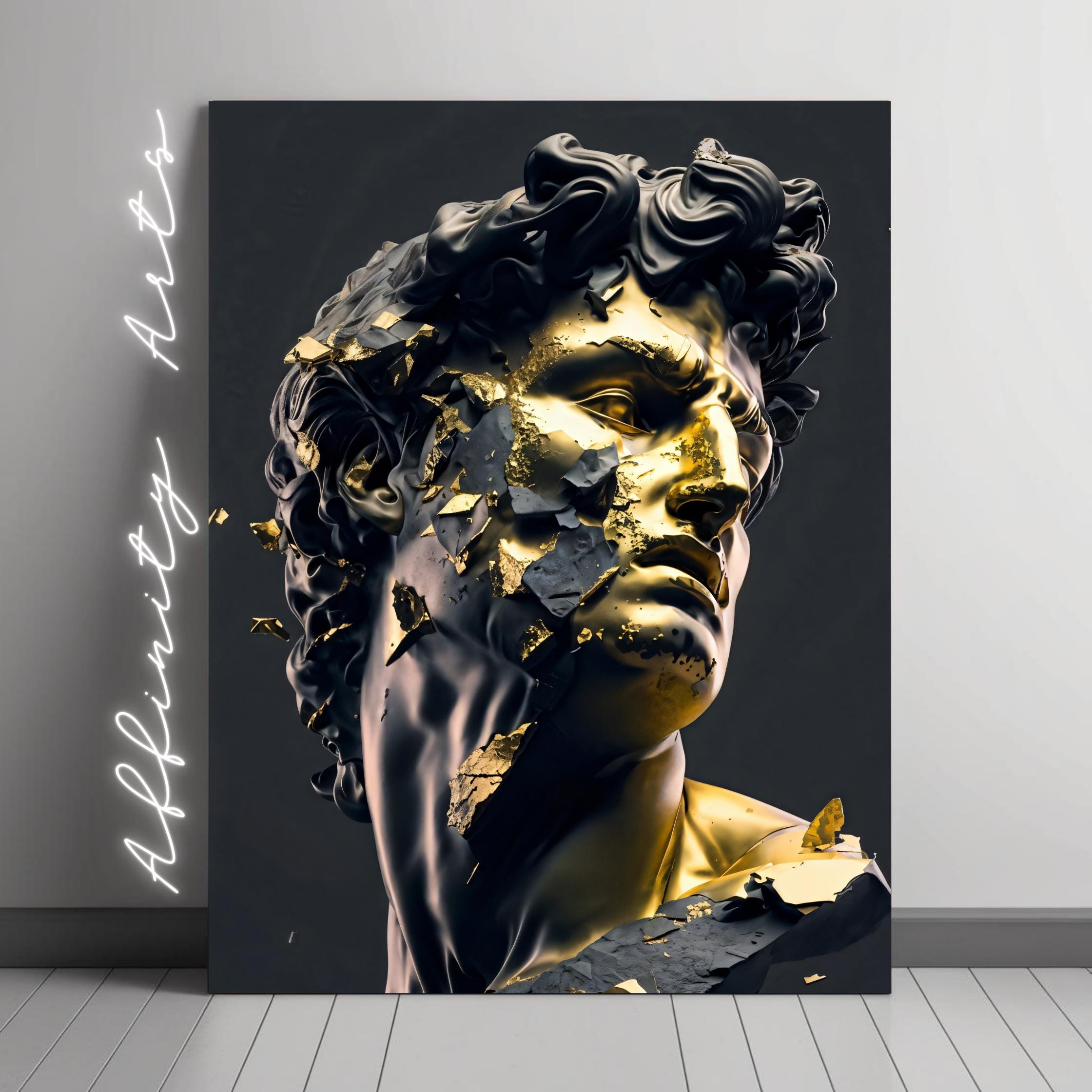 黄金のダビデ像のプリント：ひび割れたミケランジェロの胸像、黒と金