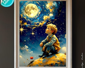 Fantasy Moon Wall Art – Dreamy Boy Under Starry Sky Canvas Print