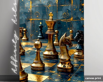 Chess Wall Art Canvas – Teal and Gold Chessboard Print, Luxury Strategy Game Decor for Office or Living Room