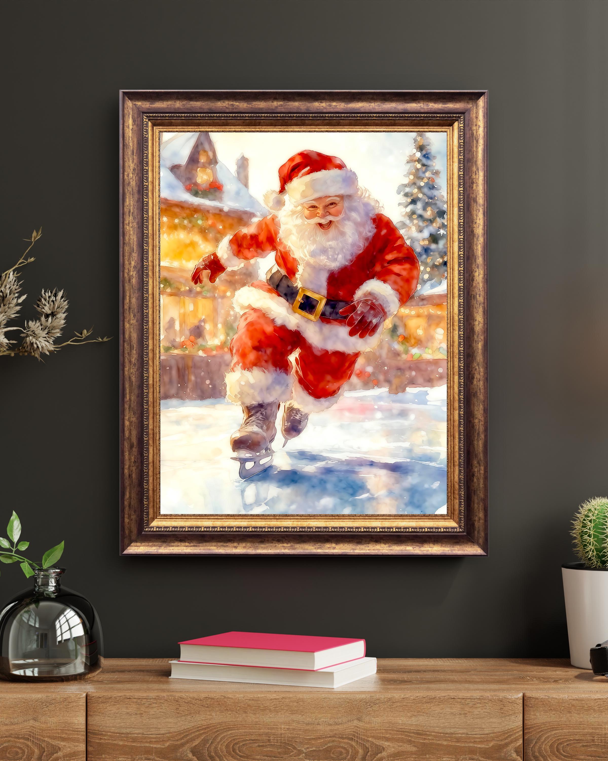 アイススケートのサンタ：クリスマス水彩サテンプリント - Etsy 日本
