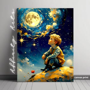 Arte mural de fantasía lunar: Impresión en lienzo de un niño soñador bajo un cielo estrellado
