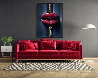 Lienzo de labios rojos: arte pop moderno con cremallera dorada