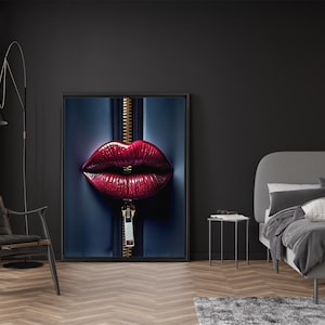 Red Lips Canvas Art: Modern Pop Art with Gold Zipper