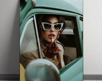 Retro Chic Woman in Vintage Car – Stylish Digital Art Print, Elegant Wall Décor, Retro Aesthetic Artwork for Home or Office