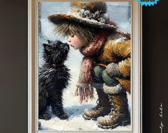 Pintura invernal de niña y gato negro: Arte infantil caprichoso (impresión digital)