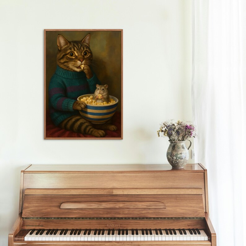 Close-up of cat in blue striped sweater holding popcorn
